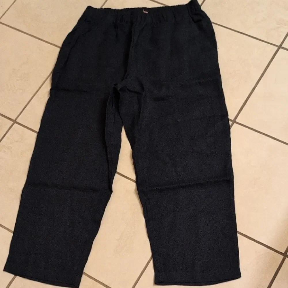NWOT Quince 100% European Linen Pants Deep Navy Blue Stretchy Waist Size L